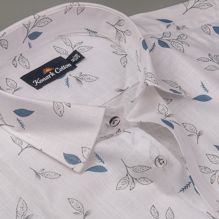 Turkey Linen White with Black & Blue Mix Batel Print Shirts for Men