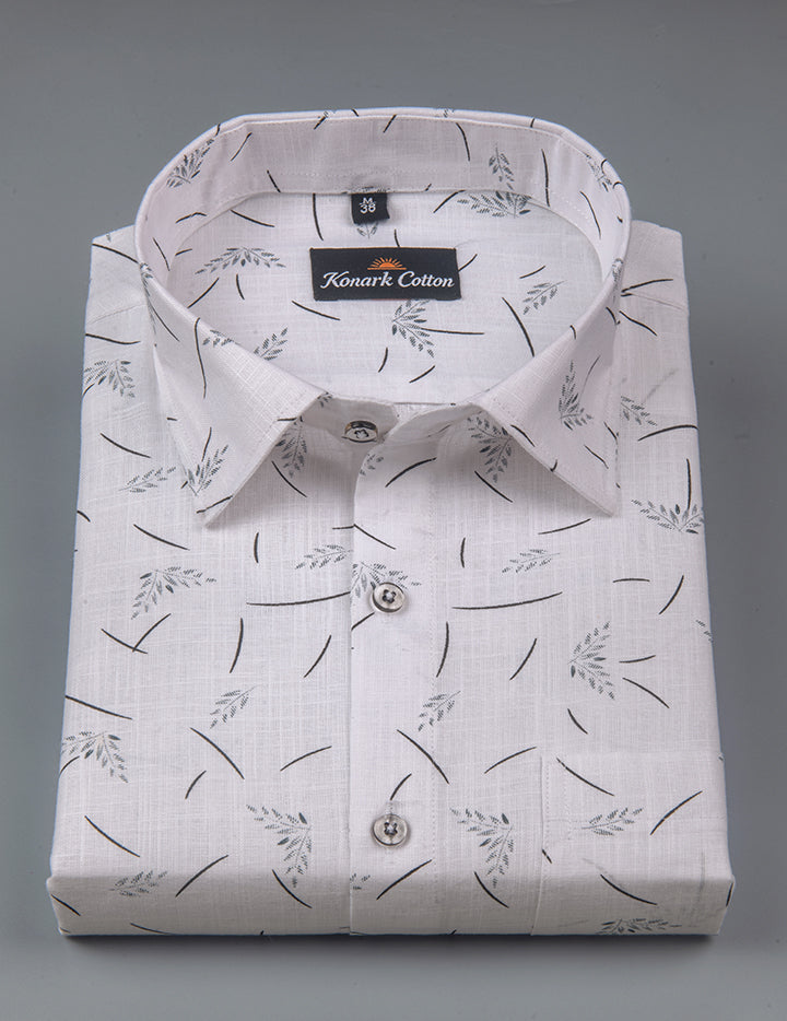 Turkey Linen White With Black Flower Print Shirts For Men