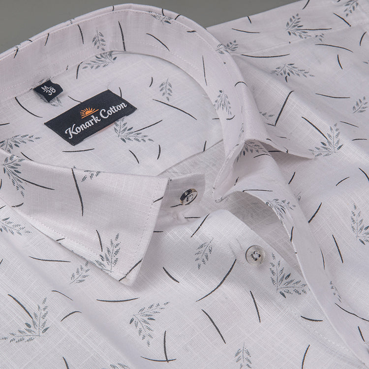 Turkey Linen White With Black Flower Print Shirts For Men