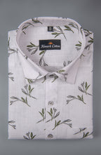 Turkey Linen White With Mehendi Flower Print Shirts For Men