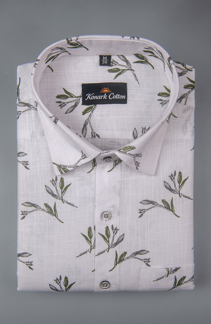 Turkey Linen White With Mehendi Flower Print Shirts For Men
