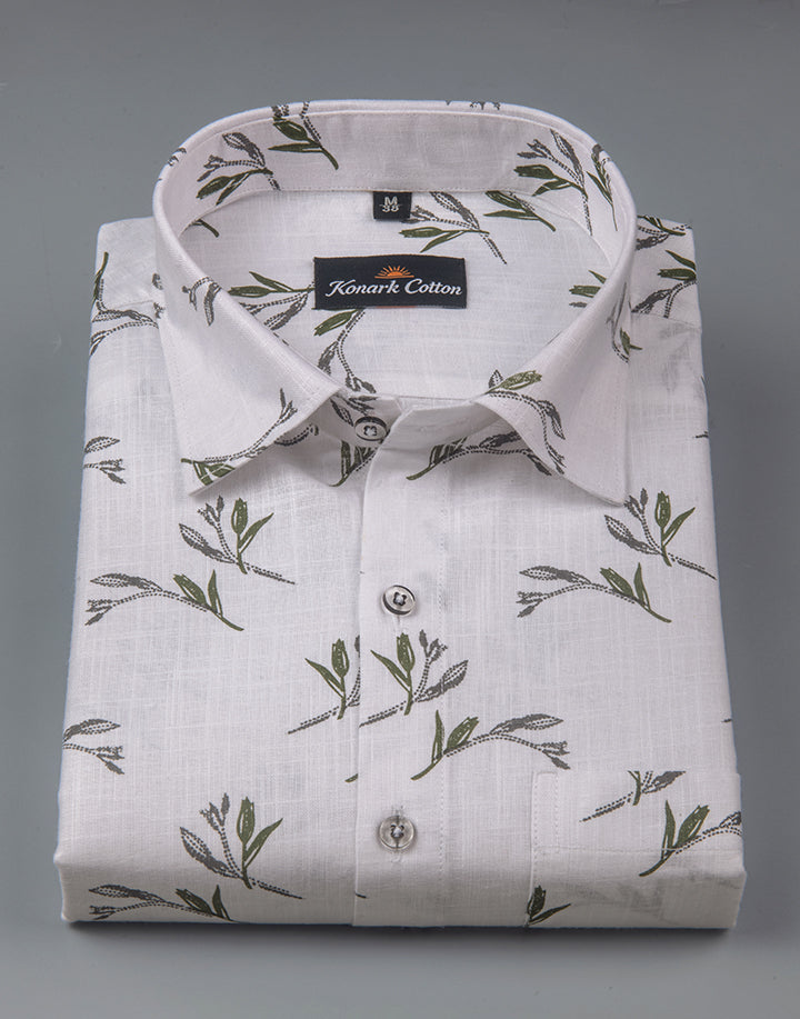Turkey Linen White With Mehendi Flower Print Shirts For Men