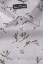 Turkey Linen White With Mehendi Flower Print Shirts For Men