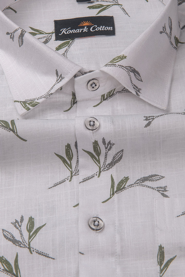 Turkey Linen White With Mehendi Flower Print Shirts For Men