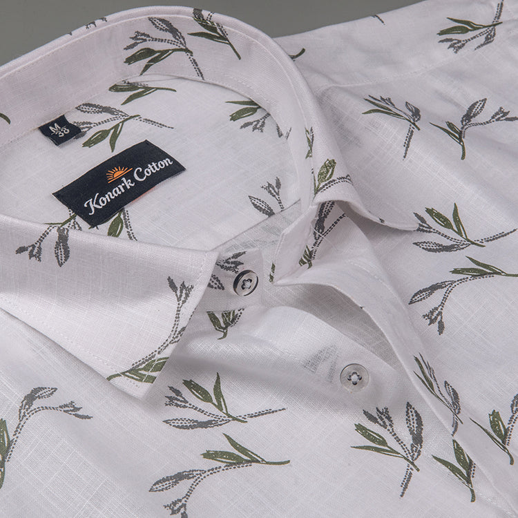 Turkey Linen White With Mehendi Flower Print Shirts For Men