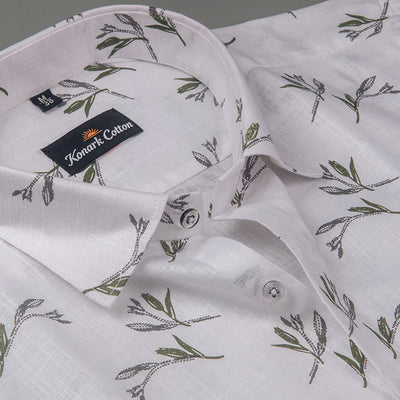 Turkey Linen White With Mehendi Flower Print Shirts For Men