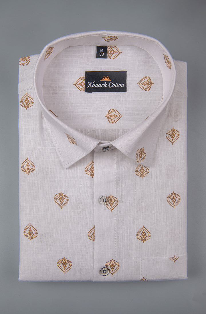 Turkey Linen White With Yellow Golden Rajwada Print Shirts For Men