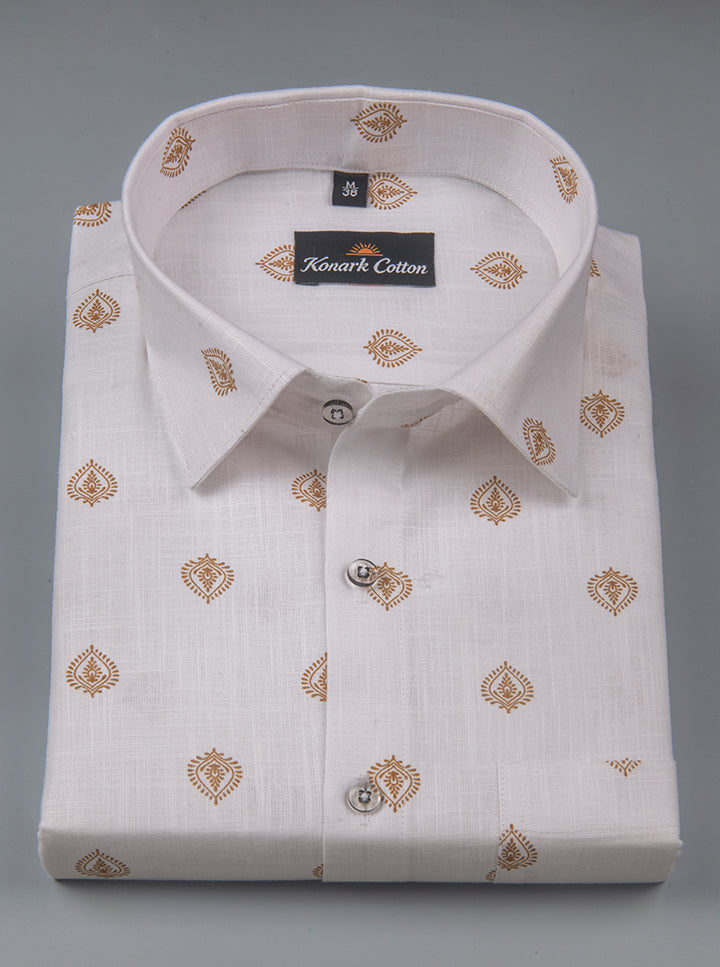 Turkey Linen White With Yellow Golden Rajwada Print Shirts For Men