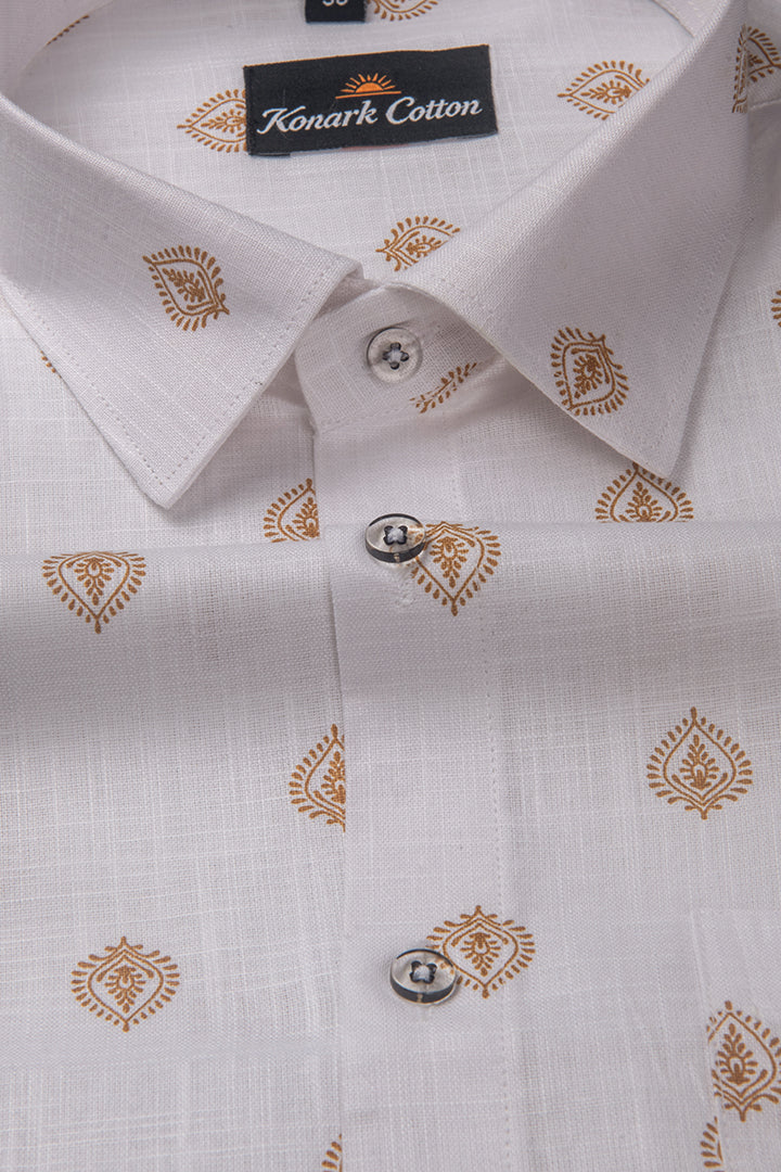 Turkey Linen White With Yellow Golden Rajwada Print Shirts For Men