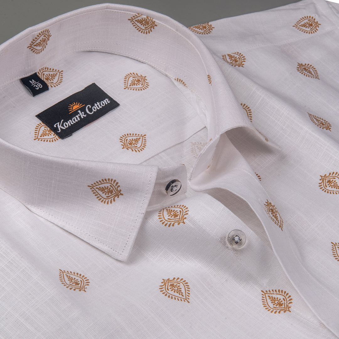 Turkey Linen White With Yellow Golden Rajwada Print Shirts For Men