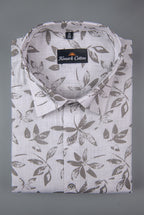 Turkey Linen White With Grey Leaf Print Shirts For Men