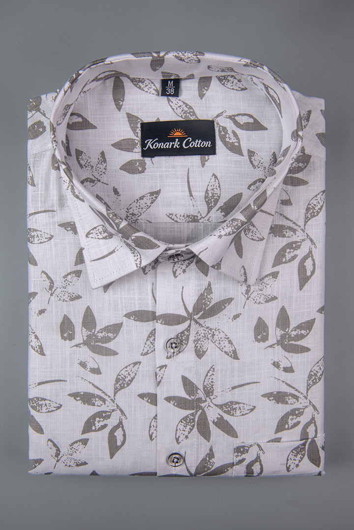 Turkey Linen White With Grey Leaf Print Shirts For Men