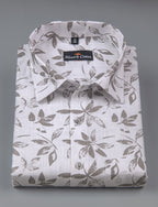 Turkey Linen White With Grey Leaf Print Shirts For Men