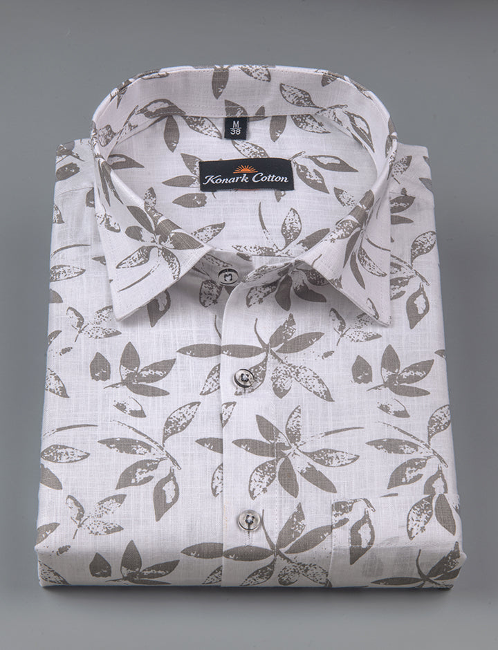 Turkey Linen White With Grey Leaf Print Shirts For Men