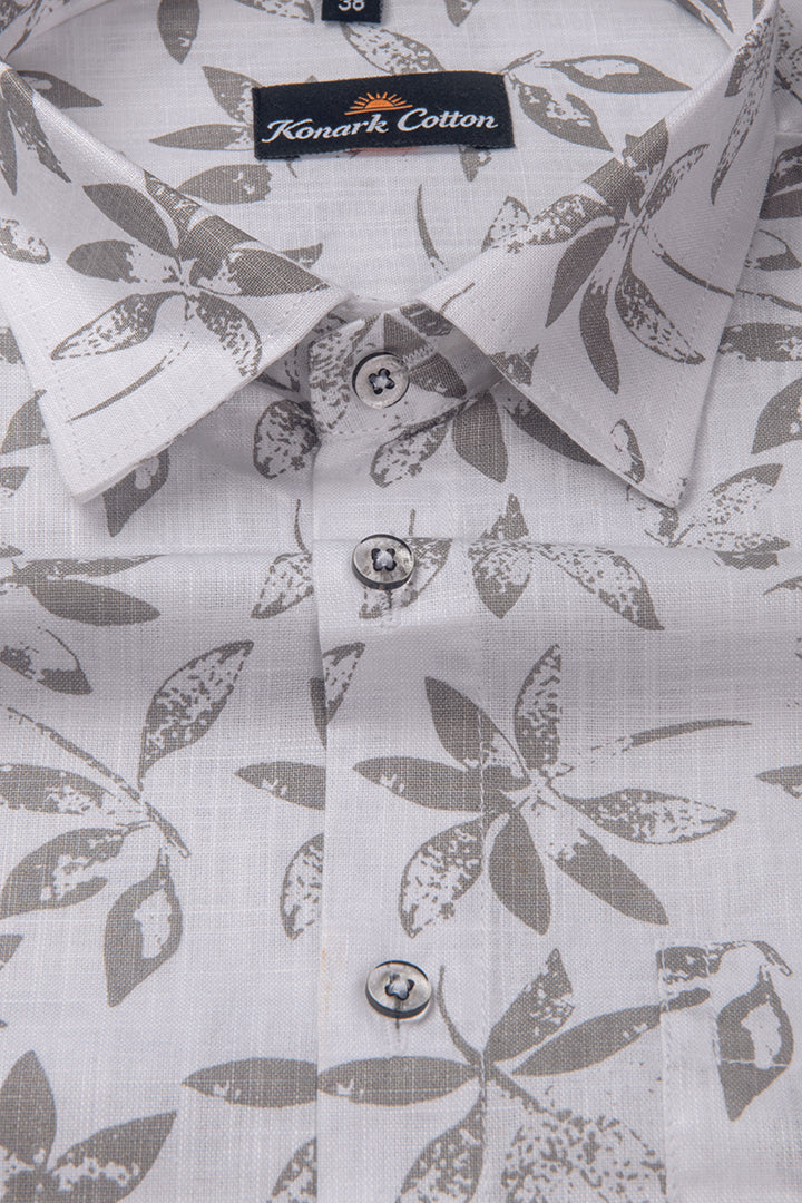 Turkey Linen White With Grey Leaf Print Shirts For Men