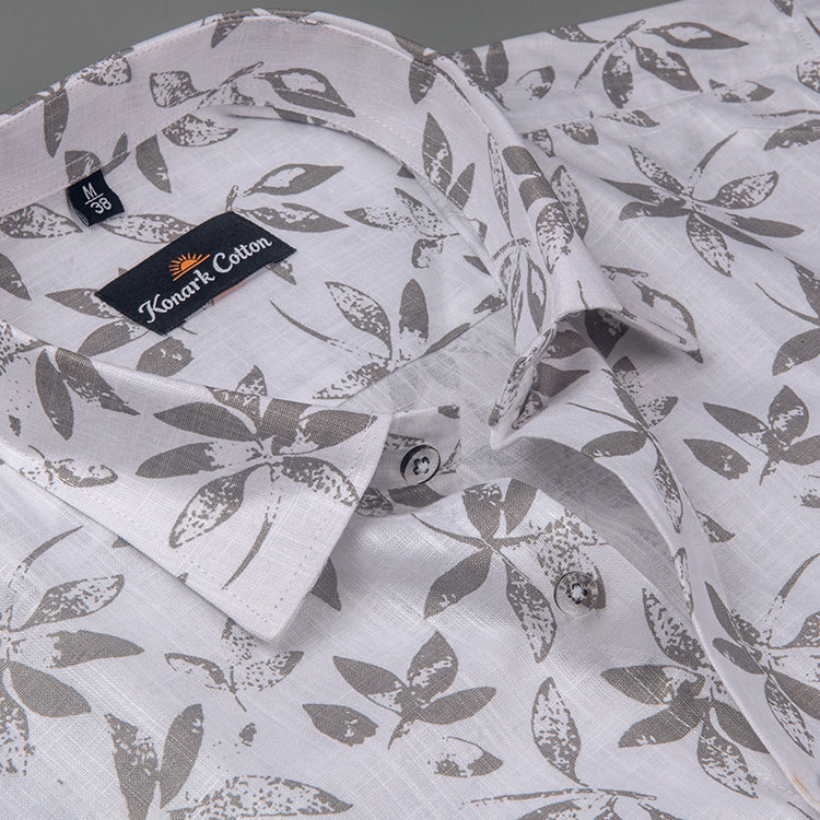 Turkey Linen White With Grey Leaf Print Shirts For Men