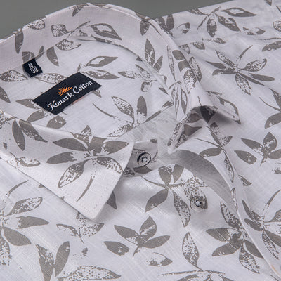 Turkey Linen White With Grey Leaf Print Shirts For Men