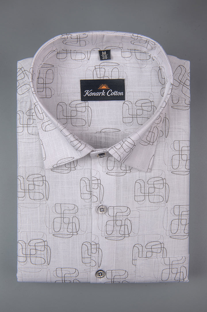 Turkey Linen White With Black Zickzack Print Shirts for Men