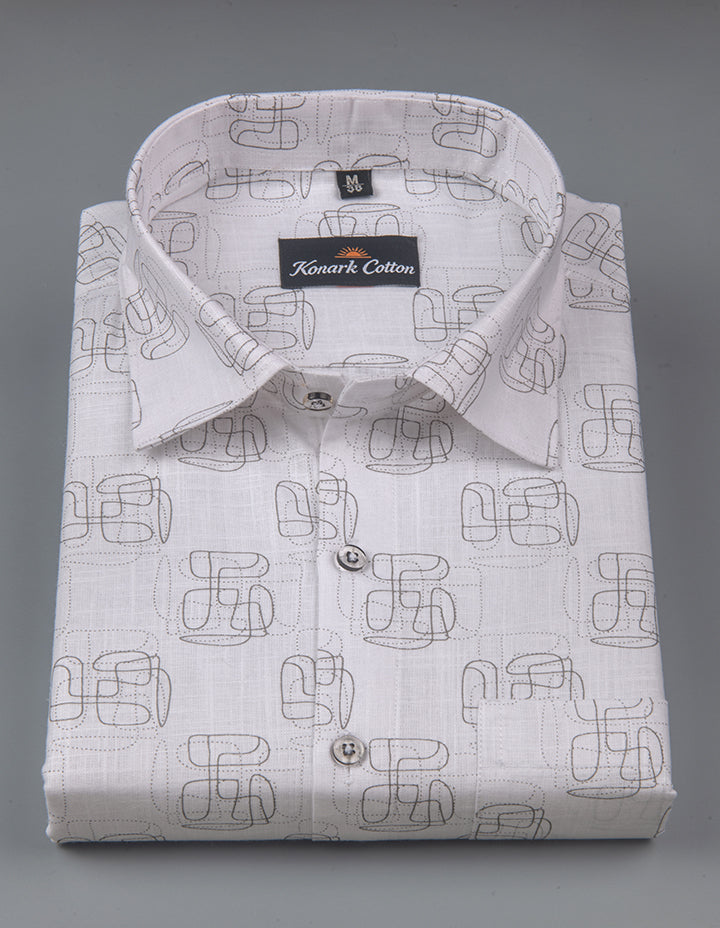 Turkey Linen White With Black Zickzack Print Shirts for Men