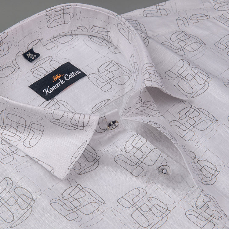 Turkey Linen White With Black Zickzack Print Shirts for Men