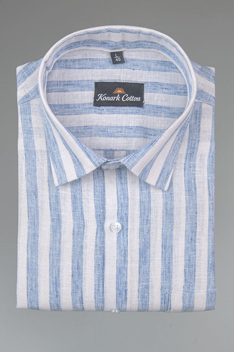 Linen King Sky Blue Patta Print Shirt For Men