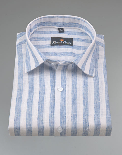 Linen King Sky Blue Patta Print Shirt For Men