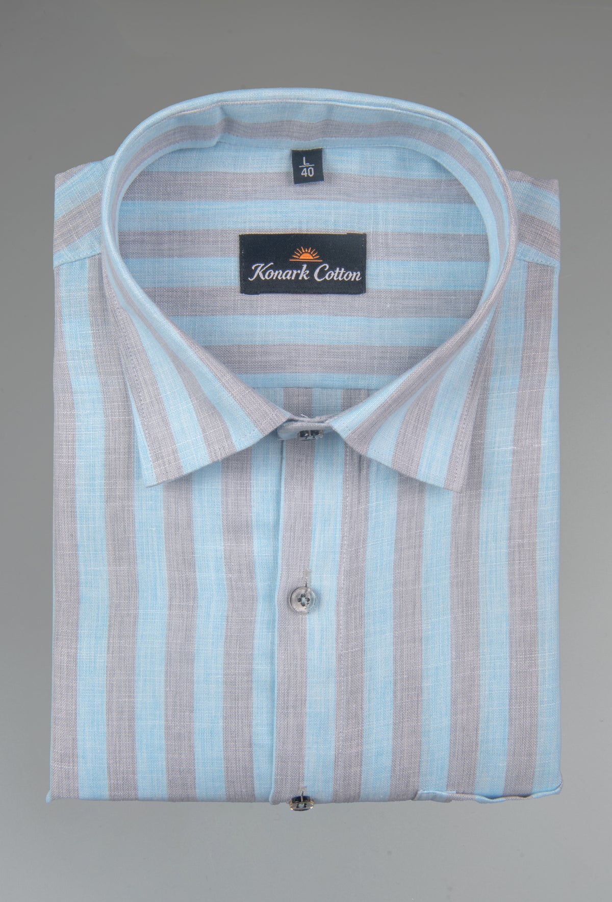 Pure Linen Gray & Sky Blue Patta Print Shirt For Men