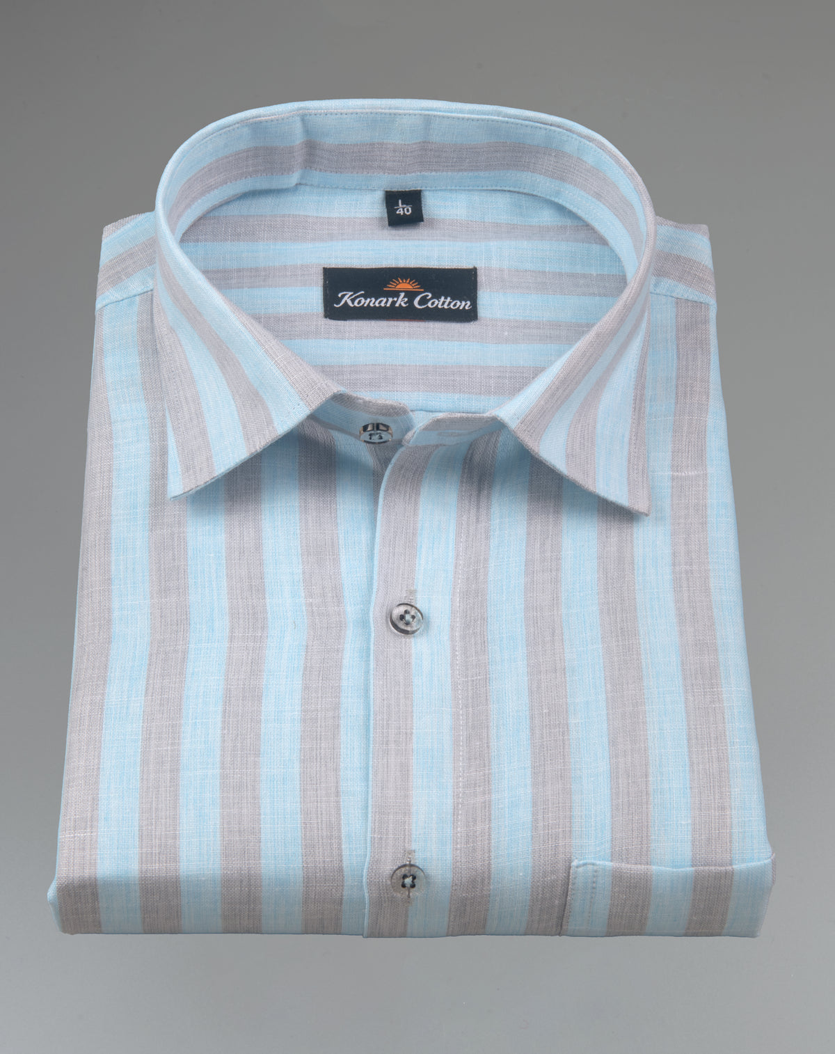 Pure Linen Gray & Sky Blue Patta Print Shirt For Men