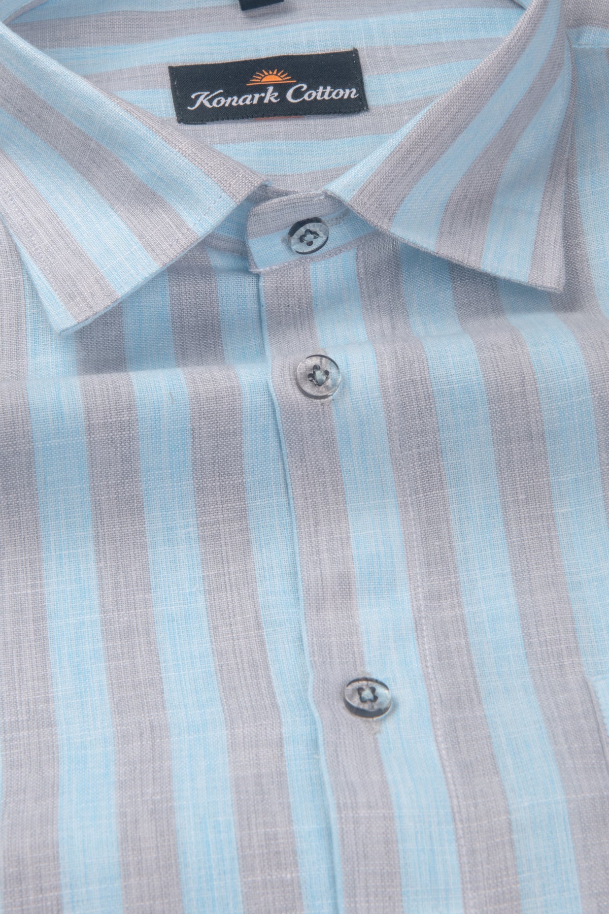 Pure Linen Gray & Sky Blue Patta Print Shirt For Men
