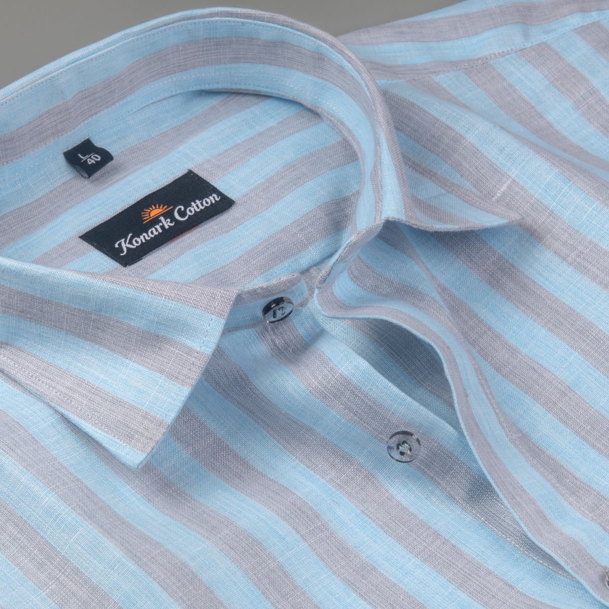 Pure Linen Gray & Sky Blue Patta Print Shirt For Men