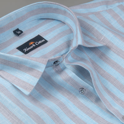 Pure Linen Gray & Sky Blue Patta Print Shirt For Men