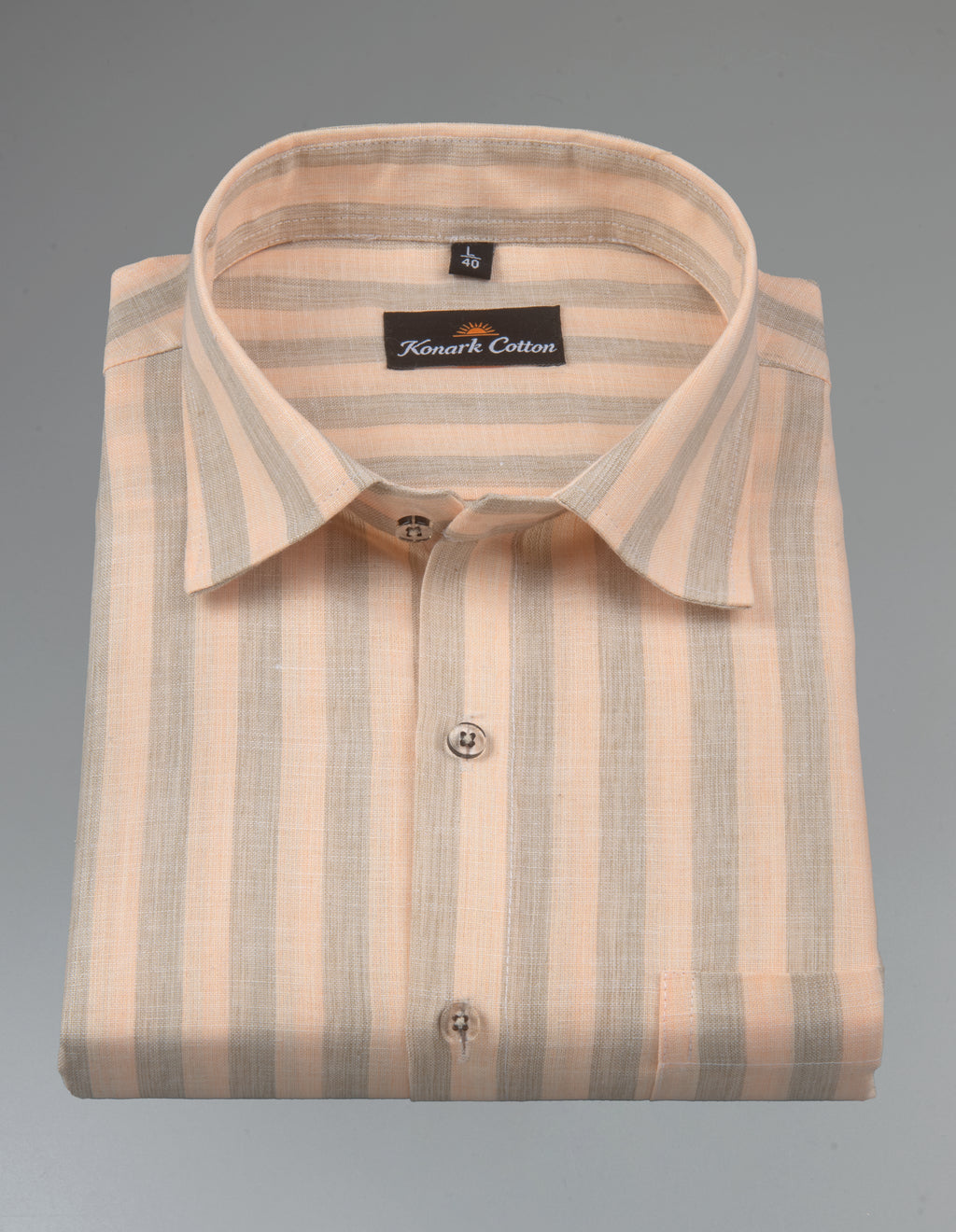 Pure Linen Gray & Light Orange Patta Print Shirt For Men