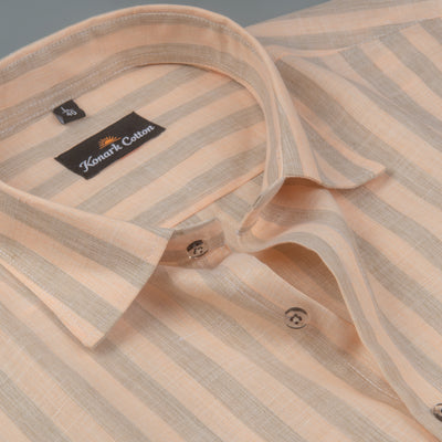 Pure Linen Gray & Light Orange Patta Print Shirt For Men