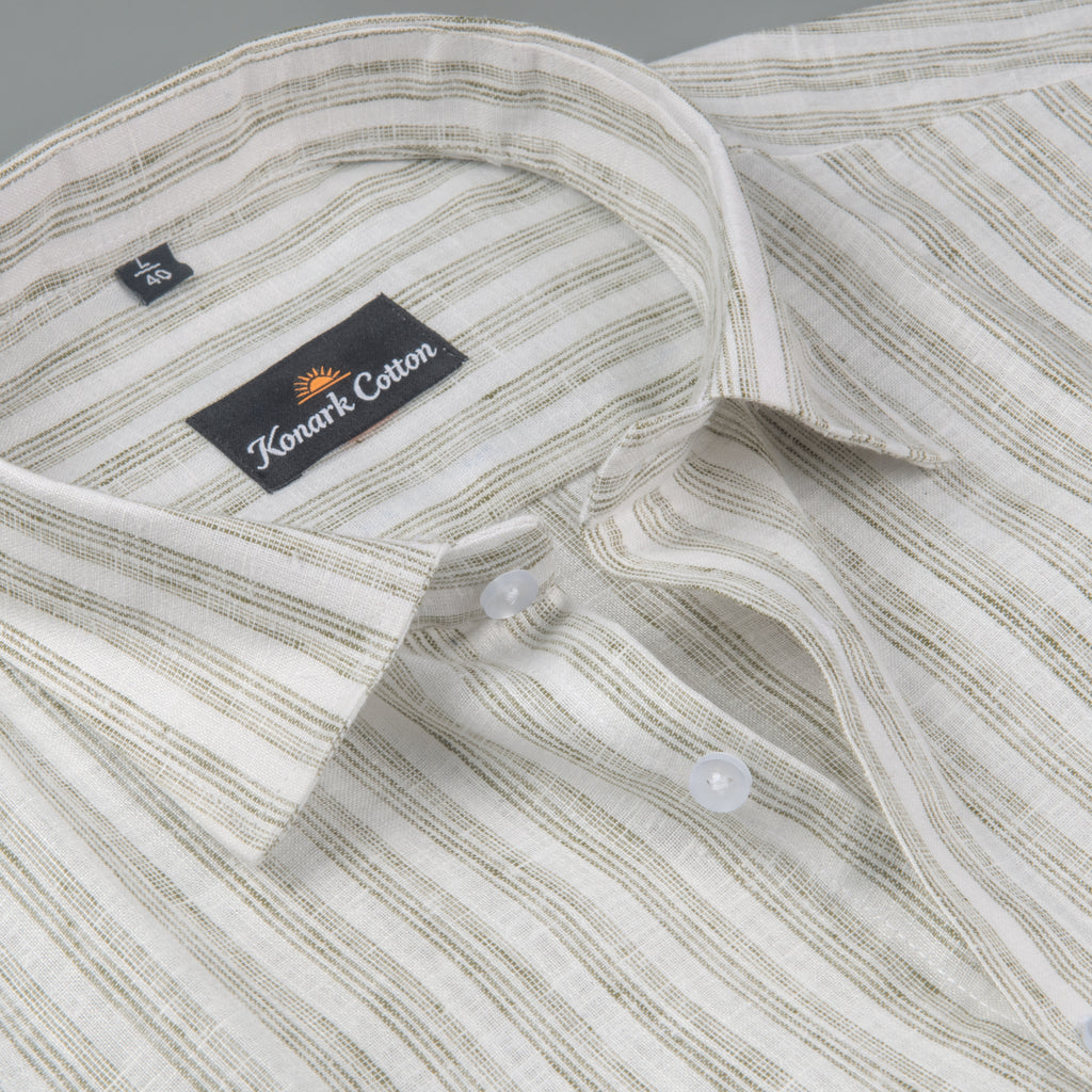 Euro Linen White With Mehndi Lining Shirt For Men