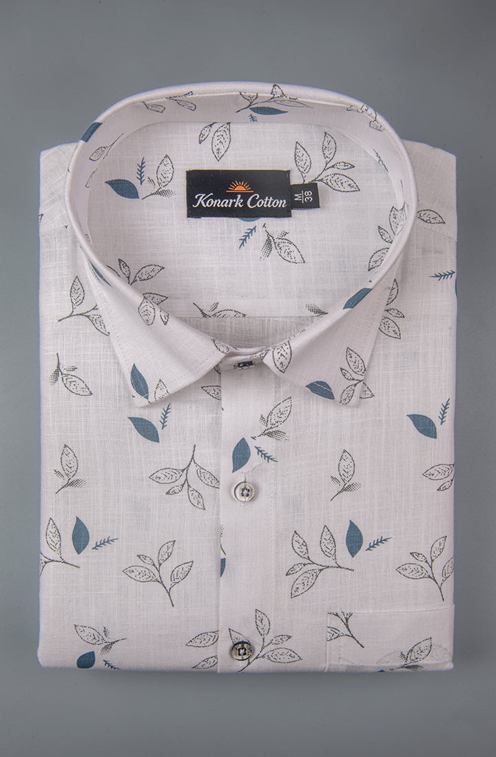 Turkey Linen White with Black & Blue Mix Batel Print Shirts for Men