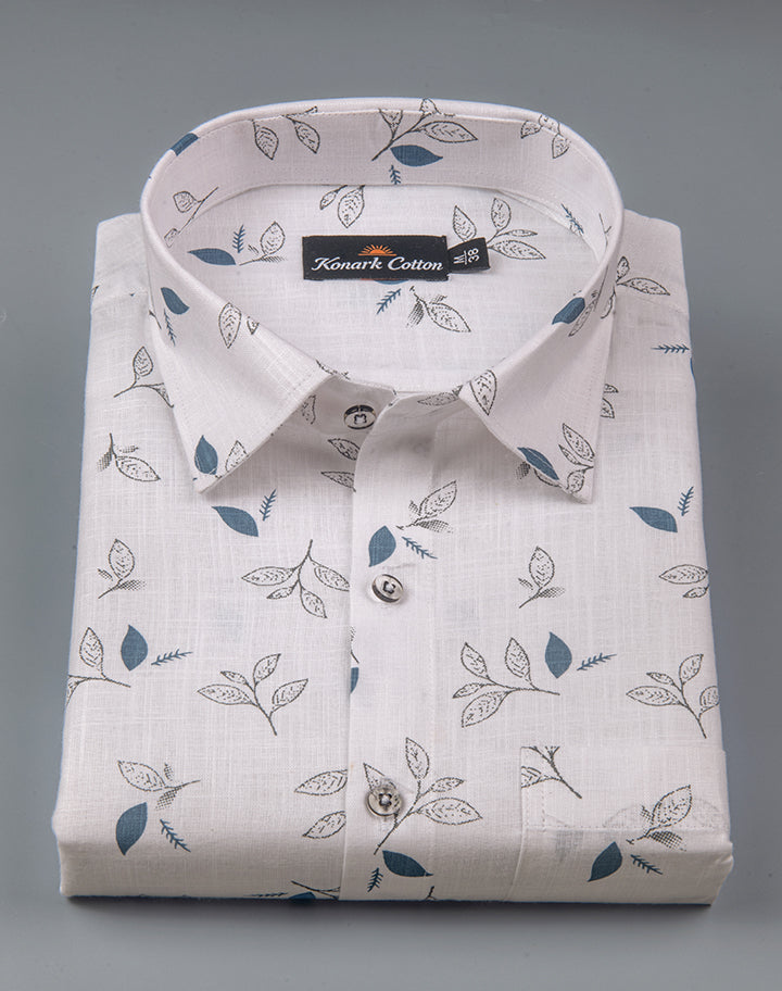 Turkey Linen White with Black & Blue Mix Batel Print Shirts for Men